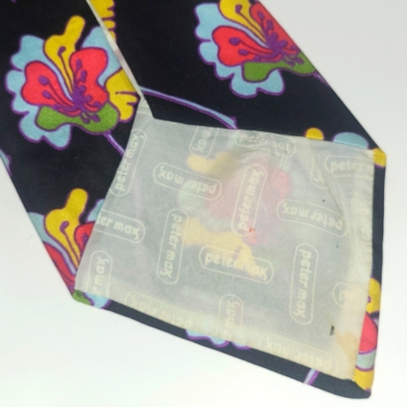 Peter Max Silk Tie Signed Pop Art Black w Hibiscus Floral Print Blue Pink Yellow - Picture 6 of 11